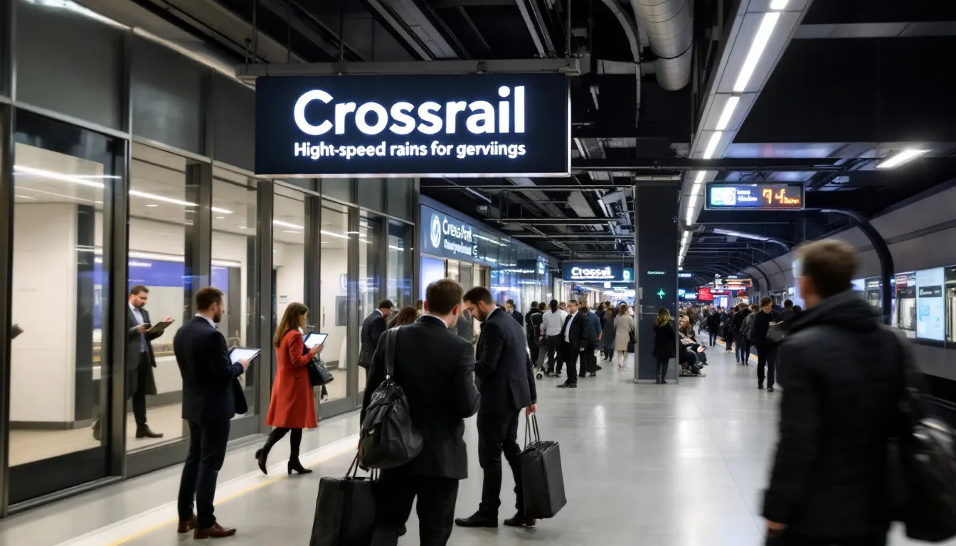 The image depicts the modern Reading Station, bustling with commuters boarding trains, and prominently featuring Crossrail signage that highlights the excellent transport links to central London. This transport hub is a key part of Reading's appeal, making it one of the best places to live in the UK, offering relatively affordable property prices and easy access to leisure options and green spaces.