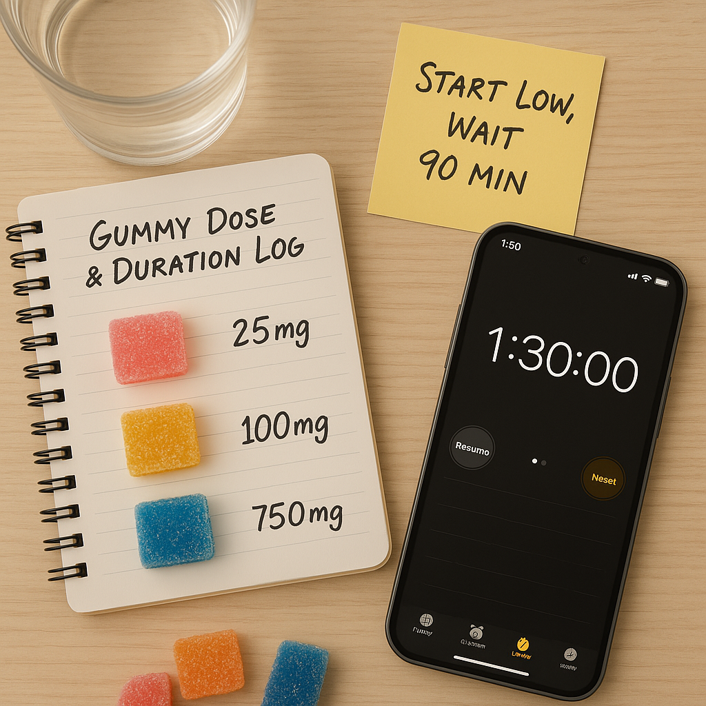 THC dose tracking setup with sliced Torch gummies, a timer set to 90 minutes, and handwritten notes guiding safe consumption and awareness of duration.