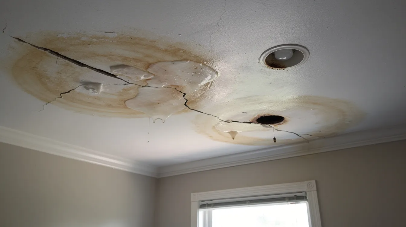 The image shows significant water stains and damage on a residential ceiling, indicating a plumbing emergency likely caused by a burst pipe above. This situation may require immediate assistance from emergency plumbing services to prevent further damage and address the plumbing crisis effectively.