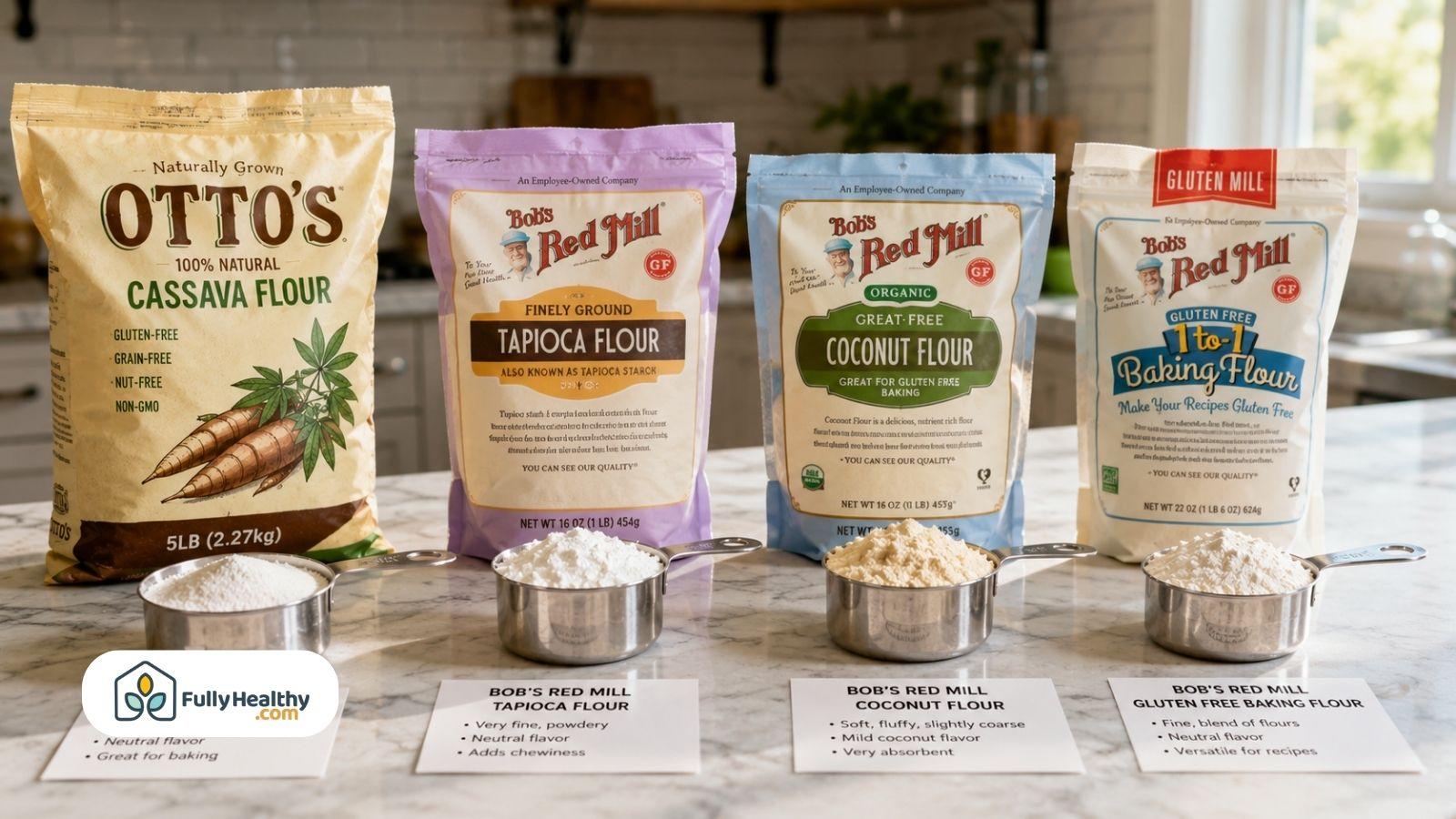 Cassava coconut tapioca and baking flours displayed with measuring cups