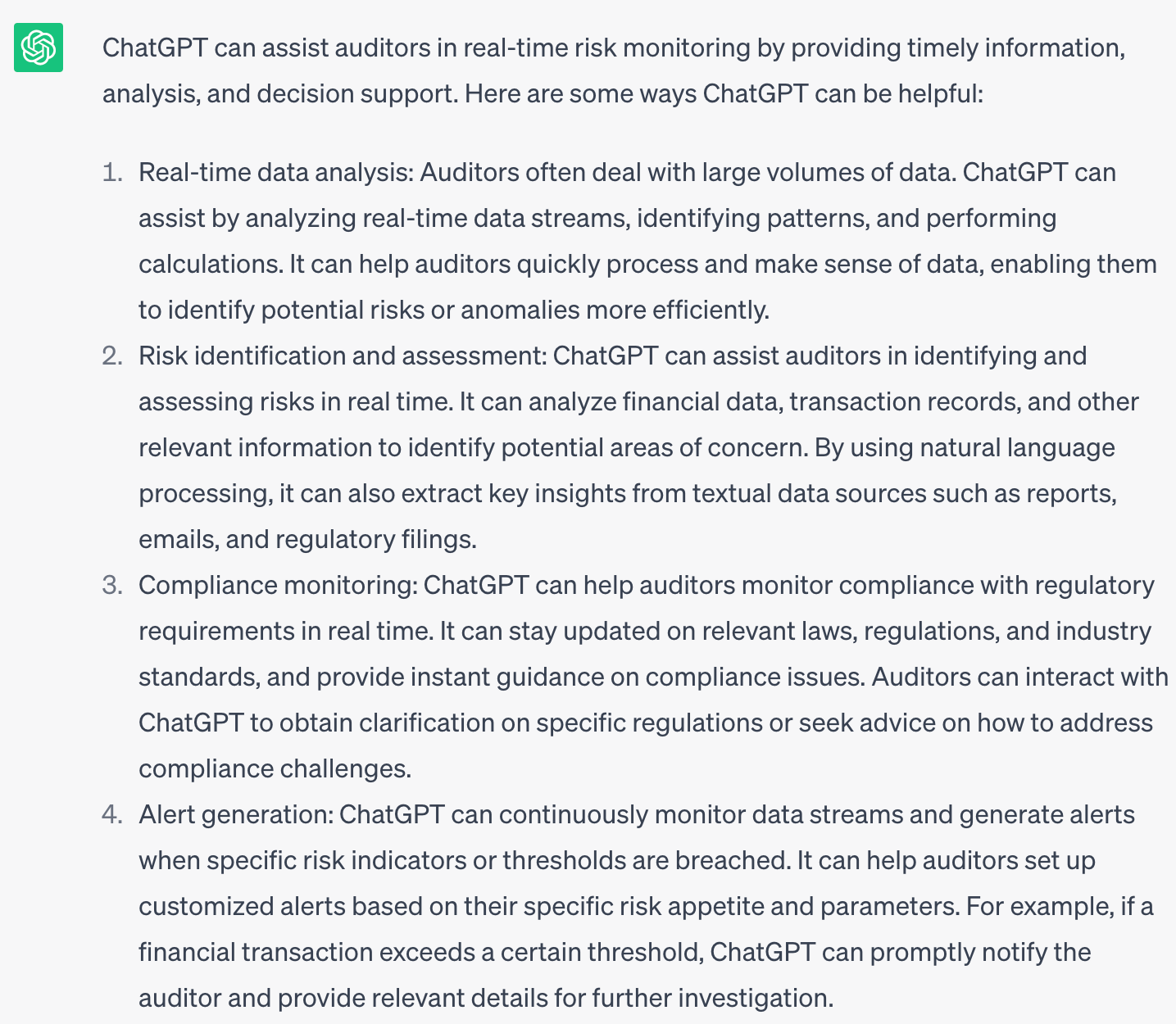 Figure 3: Four possible uses of ChatGPT in real-time risk monitoring according to model itself.