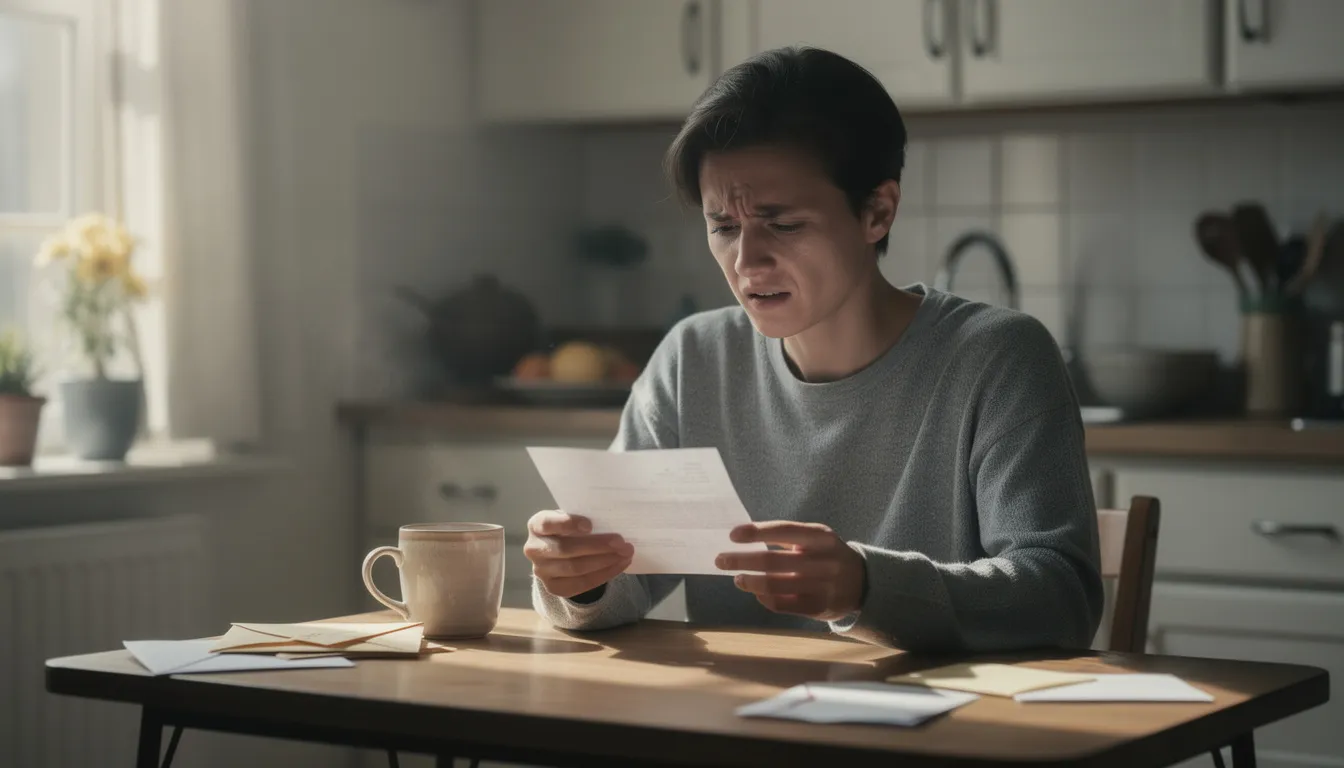 A person sits at their kitchen table, looking stressed while reading a letter, possibly related to an insurance claim. The expression on their face suggests they are dealing with a challenging situation involving their insurance company, perhaps concerning a denied coverage or a dispute over a valid claim.