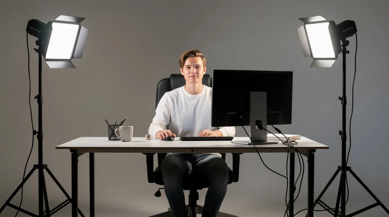 The image features a three-point lighting setup consisting of a key light, fill light, and backlight, effectively illuminating a person seated at a desk, ideal for video podcast production. This professional lighting arrangement enhances the visual quality of the video podcast episode, ensuring the host is clearly visible while maintaining a polished look. The image features a three-point lighting setup consisting of a key light, fill light, and backlight, effectively illuminating a person seated at a desk, ideal for video podcast production. This professional lighting arrangement enhances the visual quality of the video podcast episode, ensuring the host is clearly visible while maintaining a polished look.