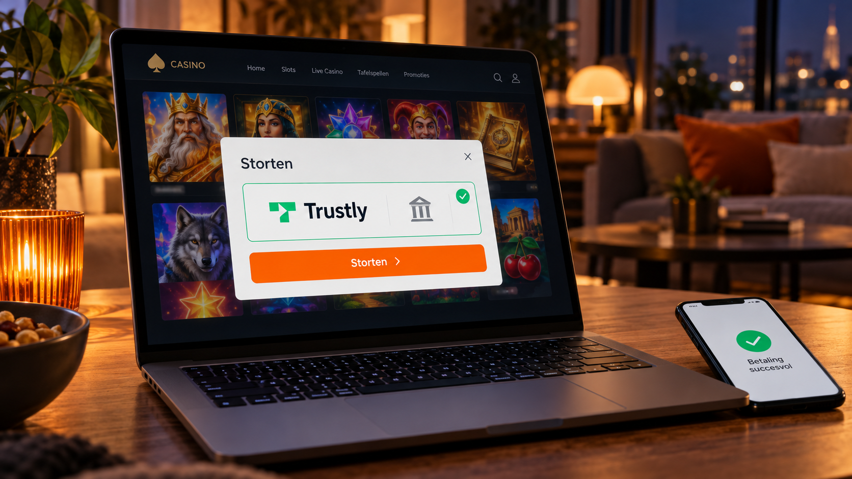 Online casino op een laptop met Trustly geselecteerd als betaalmethode voor een storting.