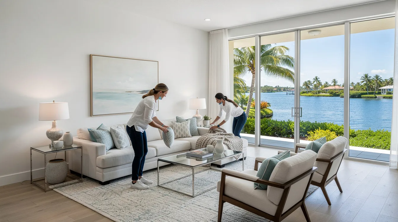 A professional staging team is arranging stylish furniture in a bright Florida home, showcasing beautiful lake views through large windows. This attention to detail enhances the space, creating an inviting atmosphere that appeals to potential buyers and elevates the home's listing price.