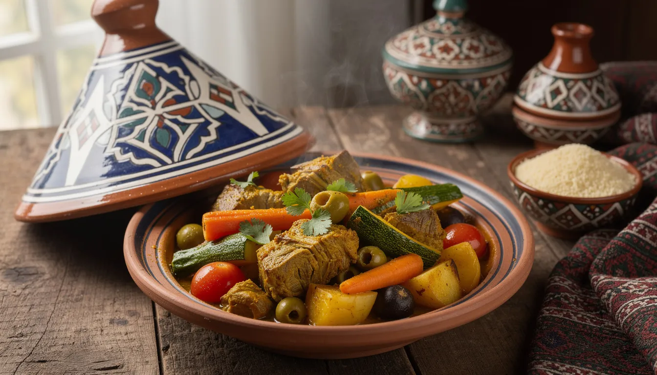 A traditional Moroccan tagine dish featuring tender lamb and colorful vegetables is beautifully presented on decorative pottery, showcasing the cultural richness of Moroccan cuisine. This culinary delight is perfect for Muslim travelers seeking to explore authentic flavors during their journey.