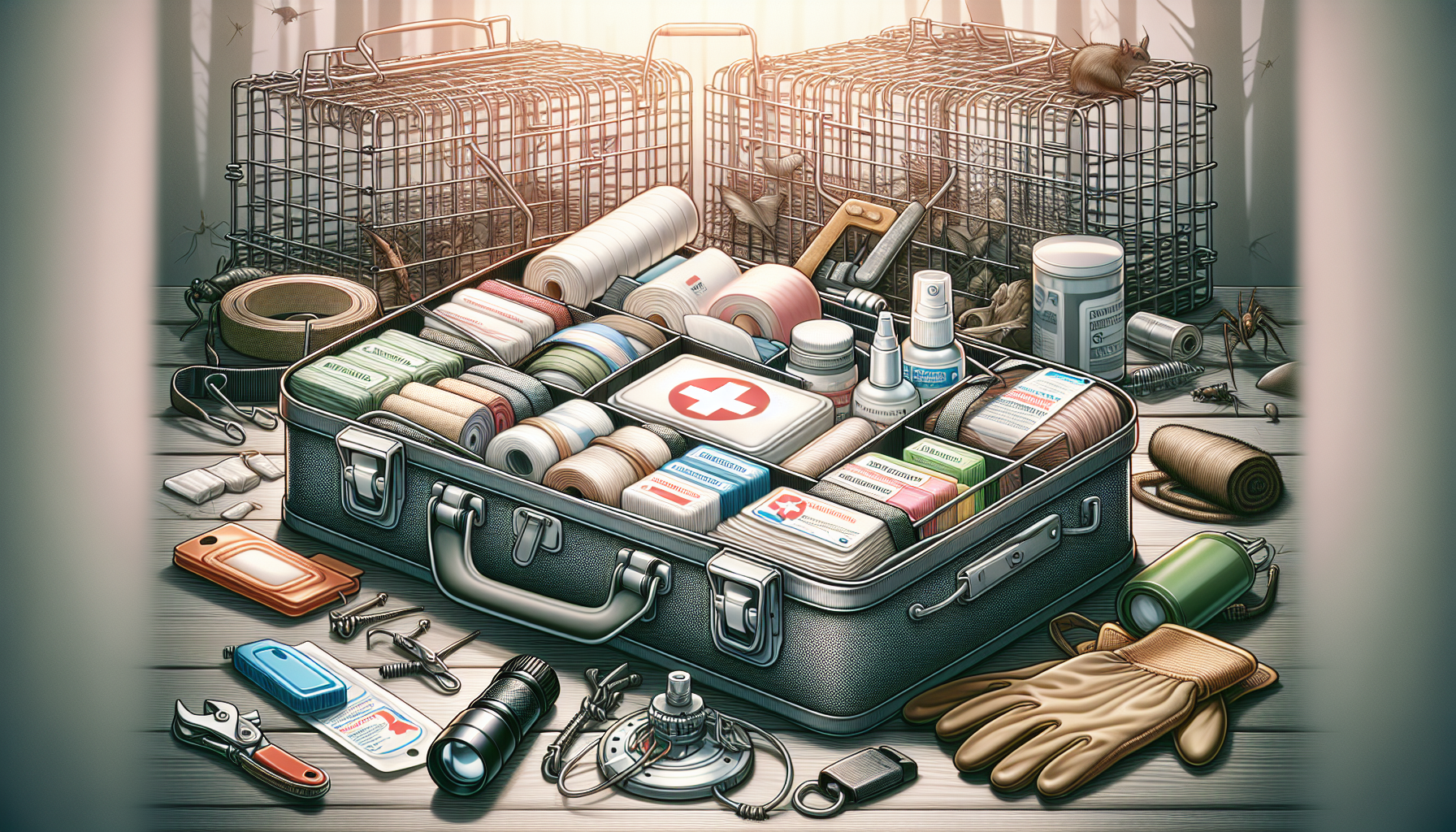 First aid and emergency preparedness for wildlife trapping, including essential items.