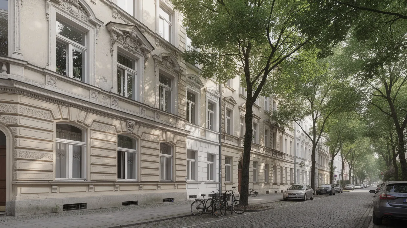 Die historische Altbaufassade eines Berliner Gebäudes zeigt kunstvolle Stuckverzierungen und hohe Fenster, eingebettet in eine baumbestandene Straße, die den Charme und die Geschichte der Altbausubstanz unterstreichen.
