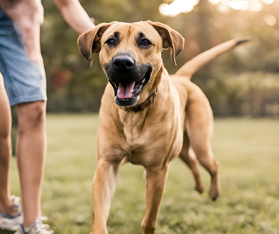 A black mouth cur running outside playing with its family