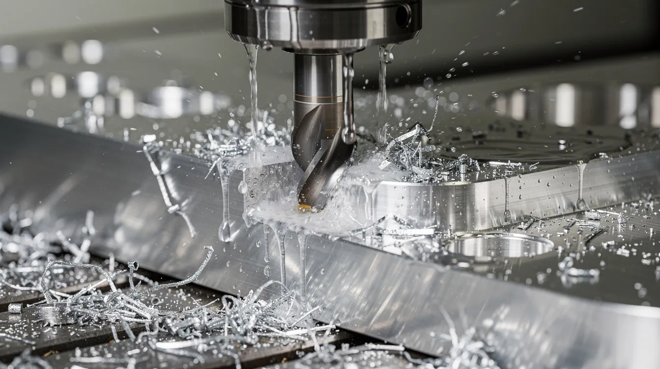 A close-up photograph captures a CNC milling machine in action, intricately cutting an aluminum workpiece while coolant flows over the cutting tool, showcasing the precision CNC machining process. This image highlights the advanced technology and machine tools used in modern manufacturing to create complex parts with tight tolerances.