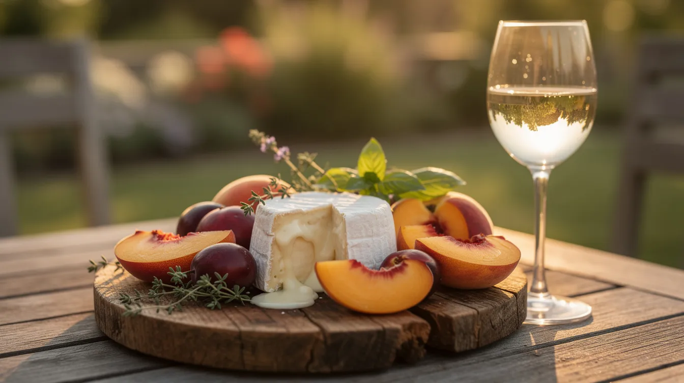 A small wooden board is artfully arranged with soft cheese, sliced stone fruit, and fresh herbs, accompanied by a glass of pale white wine, creating a delightful setting for wine tasting on an outdoor table. This inviting scene captures the essence of savoring quality flavors while enjoying a relaxing evening with friends or family.