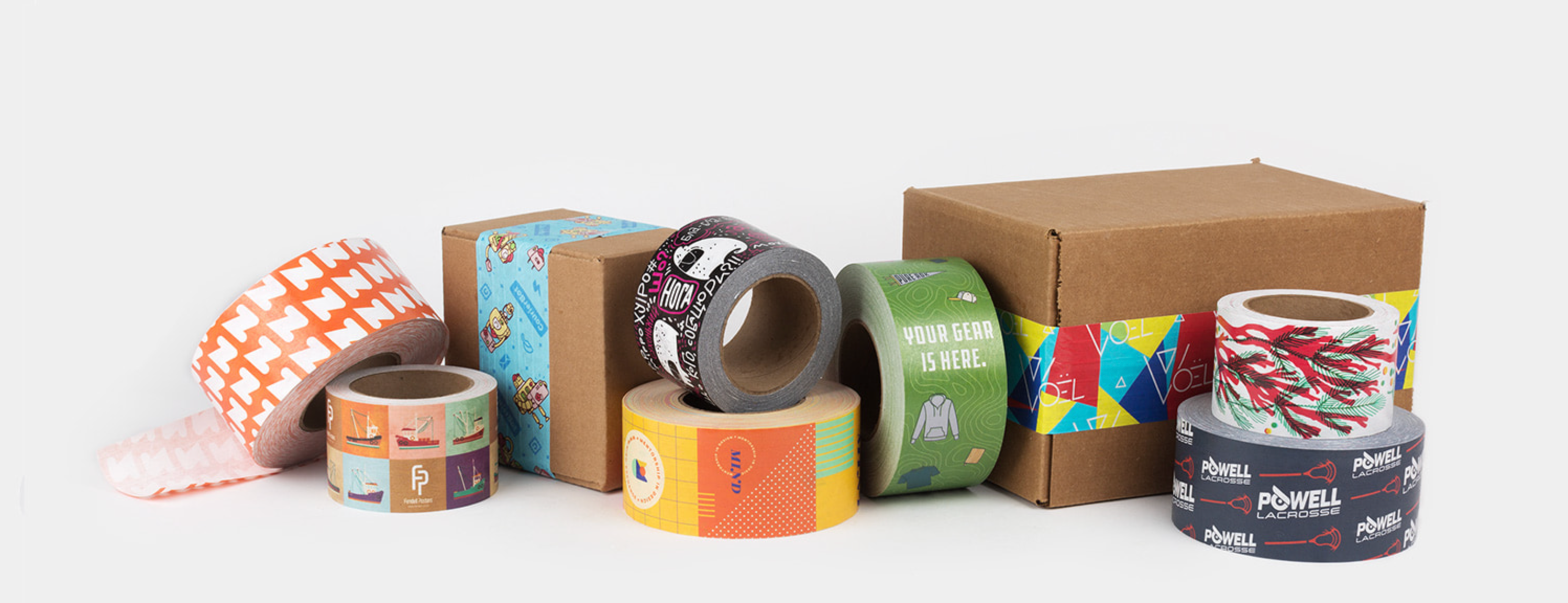Example of branded eco paper tape offered by Packaging Mule company.