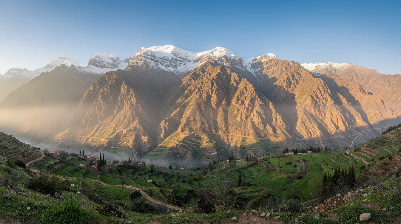 A breathtaking panoramic view of the High Atlas mountain range showcases snow-capped peaks towering over verdant valleys below, embodying the stunning natural beauty of Morocco. This scene highlights the majestic landscape that attracts trekking enthusiasts and hikers to explore the hiking trails and experience the local Berber culture.