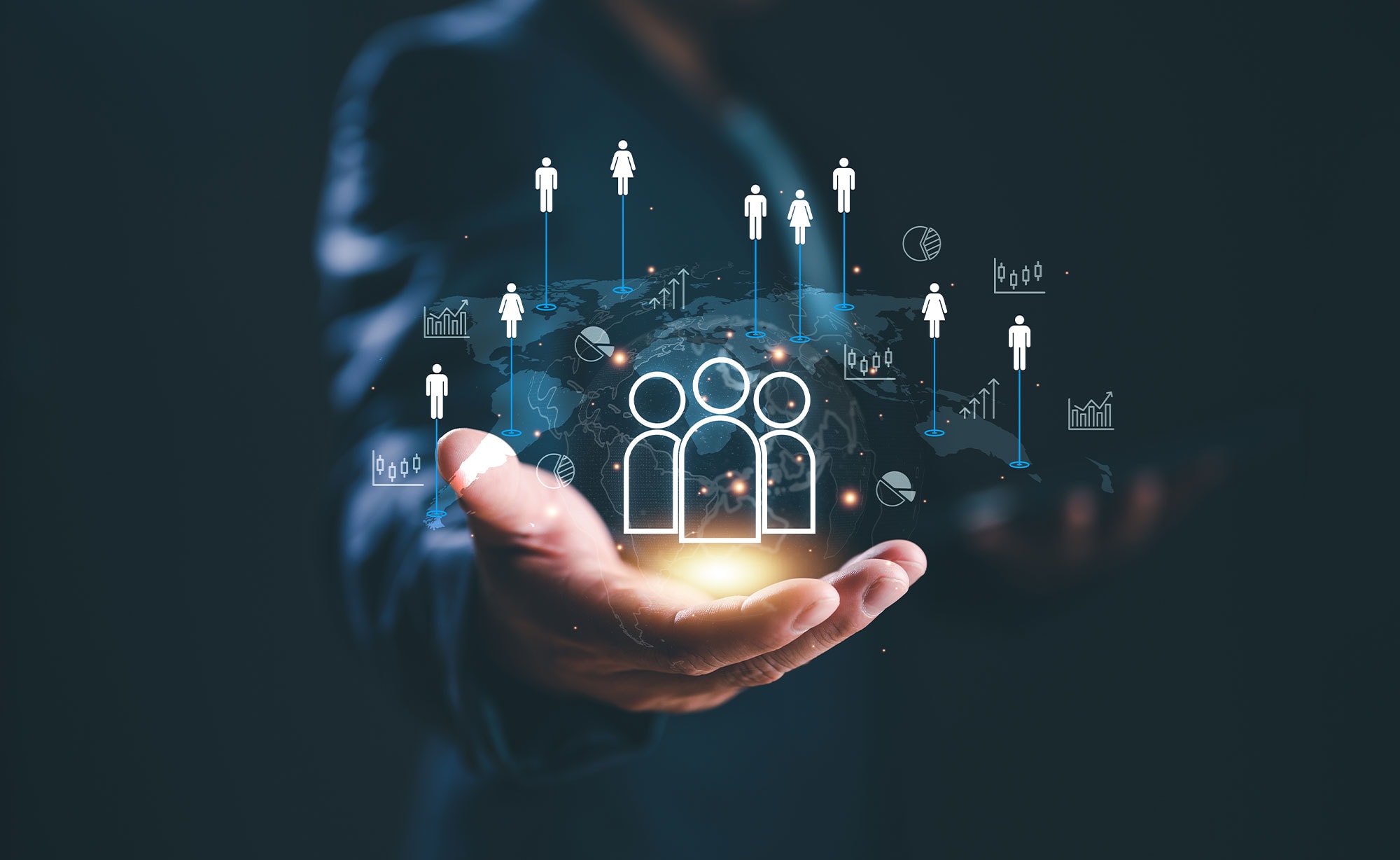 Digital network graphic above a hand, symbolising global connectivity and data-driven insights in insurance agency management systems.