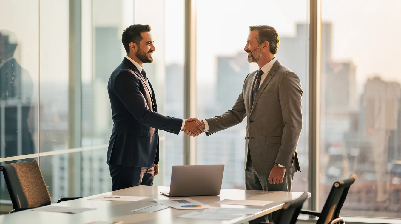 Deux professionnels se serrent la main dans un bureau vitré, symbolisant la conclusion d'une vente après une réunion commerciale. Cette scène illustre l'étape finale du processus de vente, où la négociation et la prise de décision ont mené à un accord mutuel.