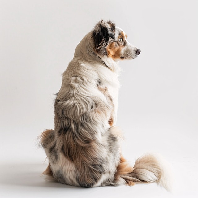 og, sitting, back view, fur, brown, white, calm, pet, animal, texture, elegant, sitting dog, minimalistic, natural, beauty, posture, mixed colors, fluffy, plain background, relaxed, side view, serene, canine, detailed fur, dog fur, ai generated