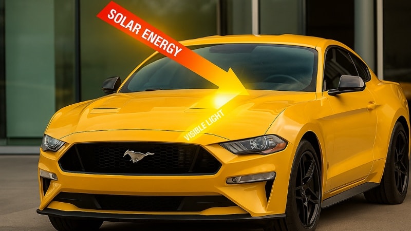 Solar energy striking the windshield and transforming into longer wavelengths