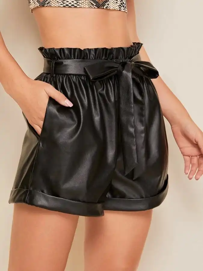 Shein's-Paperbag-Waist-Rolled-Hem-Belted-PU-Shorts-with-black-belt-loops
