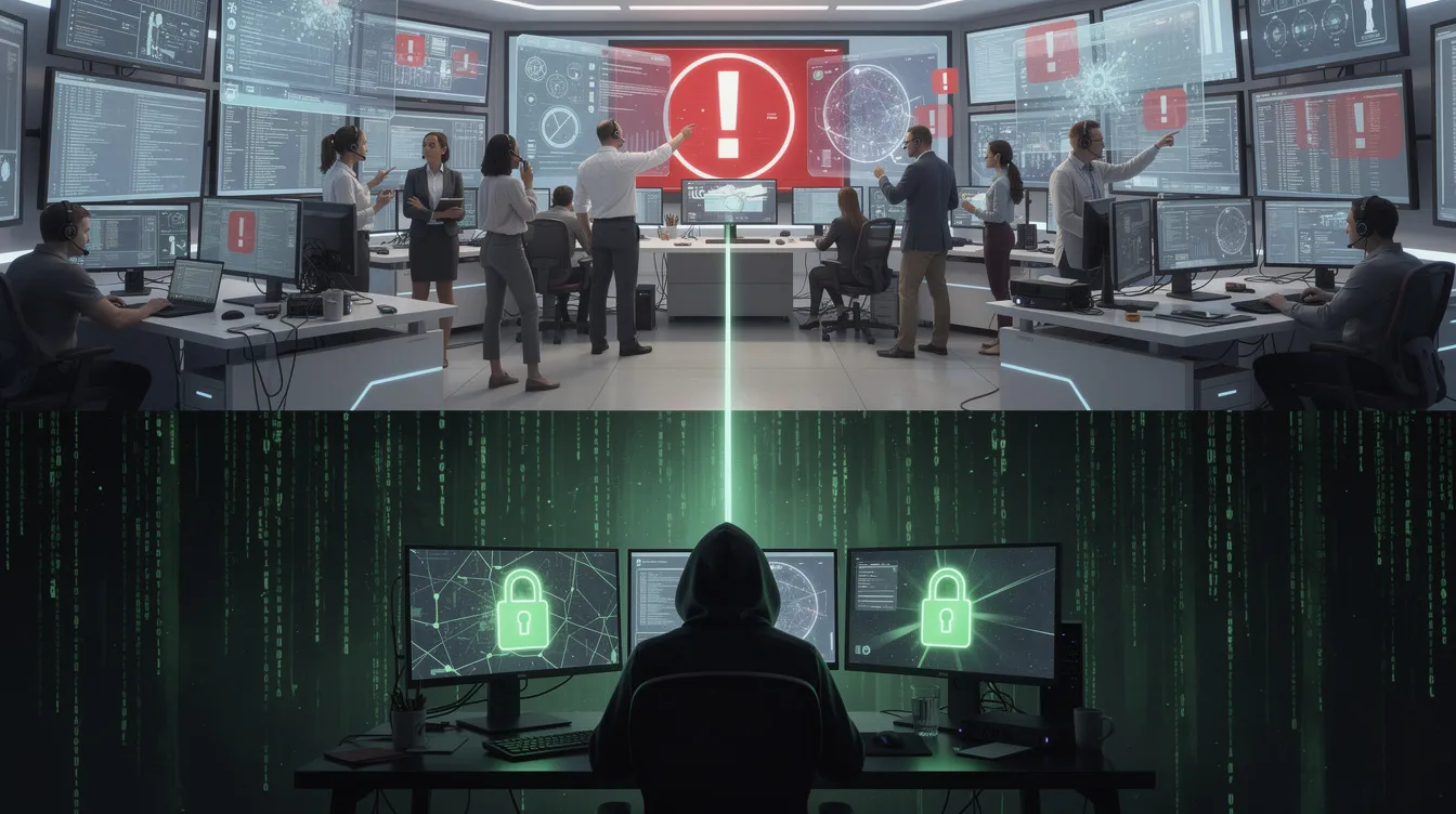 The image depicts a dual-panel concept art piece contrasting the frantic efforts of diverse security researchers in a bright command center, focused on a complex red warning icon, with a darker scene below showing an anonymous hacker aggressively typing amidst green binary code rain and a glowing unlock icon. A connecting line symbolizes the timeline between these two scenarios, highlighting the ongoing battle against zero day vulnerabilities and the need for effective security measures to prevent unauthorized access and data breaches.
