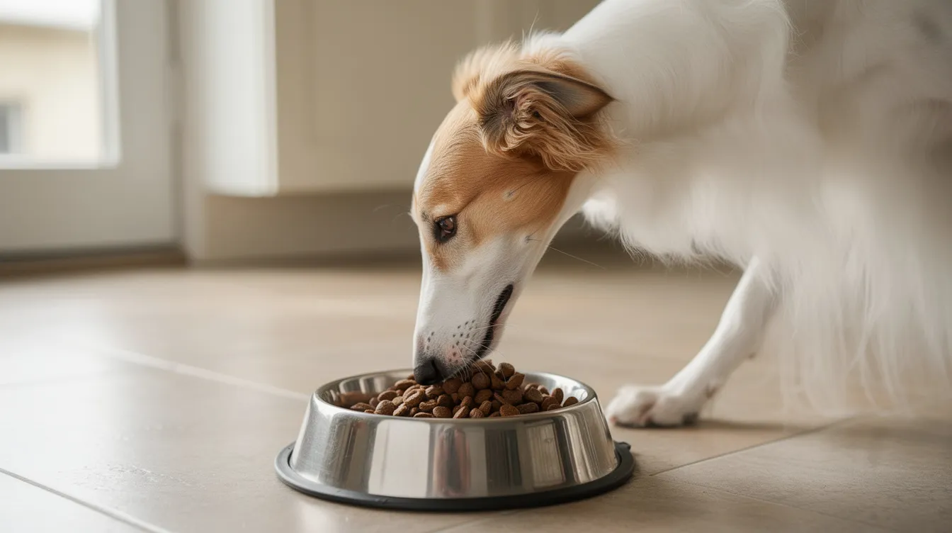 A Borzoi, also known as a Russian wolfhound, is seen eating high-quality kibble from a shiny dog bowl, showcasing its elegant, silky coat and long, slender frame. The scene captures the dog's intelligent demeanor and healthy physique, reflecting the breed's characteristics as a large, gentle companion.