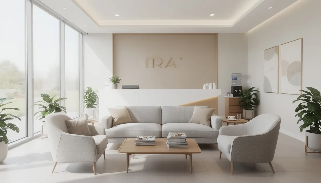 The image depicts a welcoming modern dental office reception area, featuring comfortable seating that invites patients to relax. The space is designed to create a friendly atmosphere for those seeking cosmetic dental services, including treatments like teeth whitening and smile makeovers.