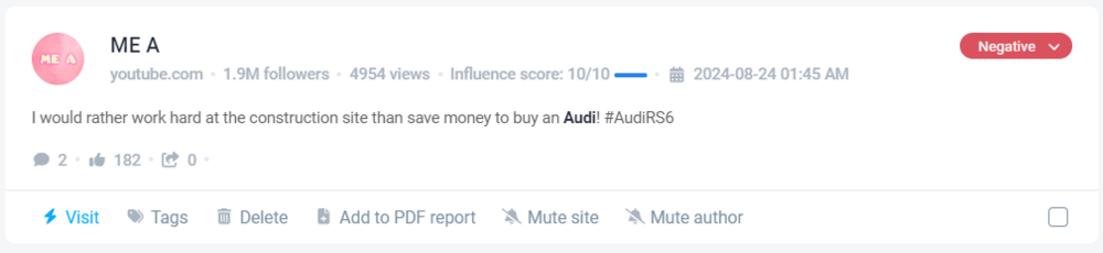 Negative Audi mention on YouTube detected by Brand24, the best AI social media monitoring tool