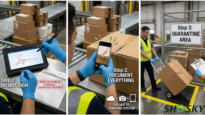Three-panel infographic showing steps to handle a tampered shipping package