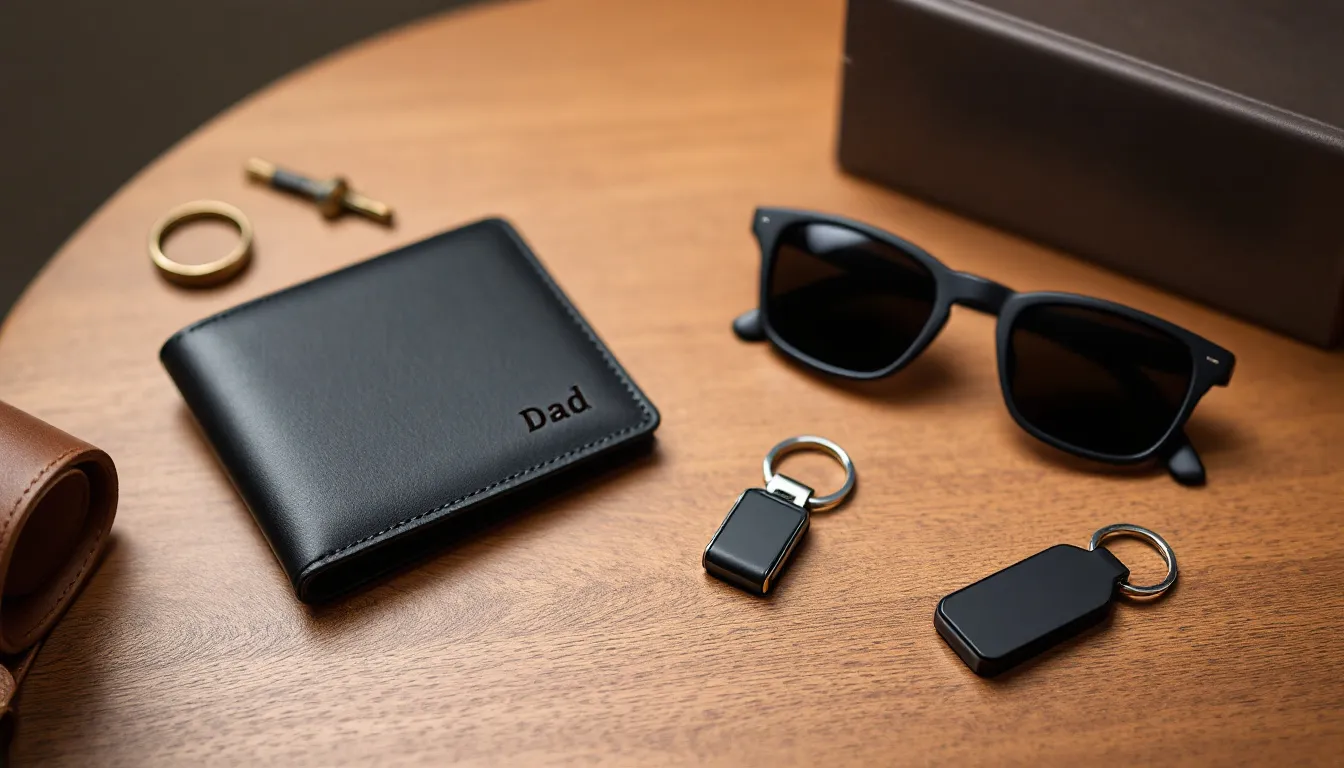 This image showcases a stylish collection of practical accessories for dads, featuring personalized wallets and sunglasses, ideal for thoughtful gifts on Father's Day or as unique birthday presents. These items reflect personal style and make perfect gifts for any father figure in your life.