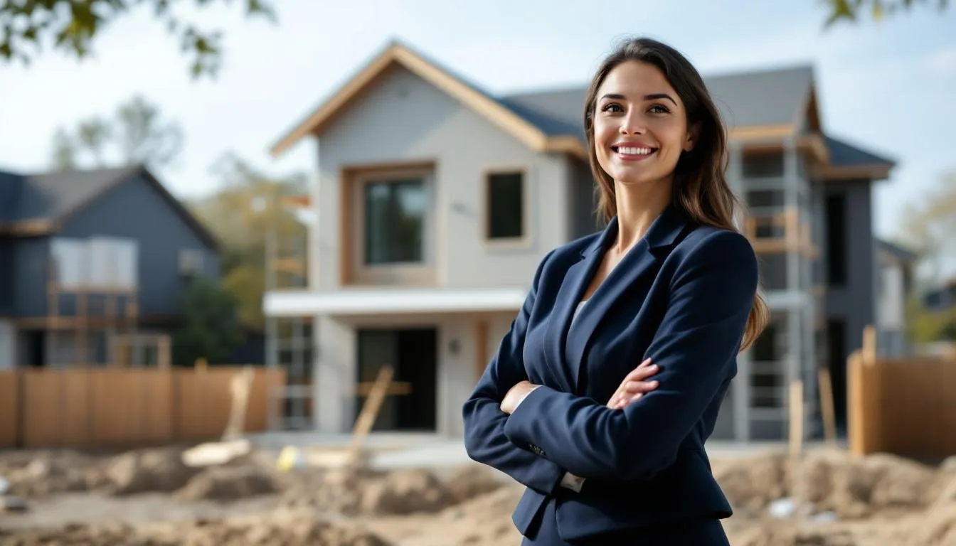 A confident real estate investor stands in front of a newly constructed investment property, symbolizing the successful outcome of utilizing a rehab loan for property investment. The image highlights the potential of renovation loans to enhance the value of properties and facilitate profitable investments.