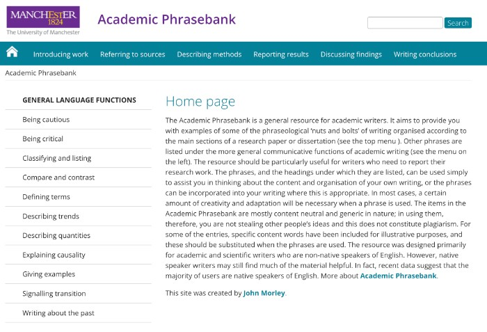 Screenshot of the Manchester Phrasebank homepage