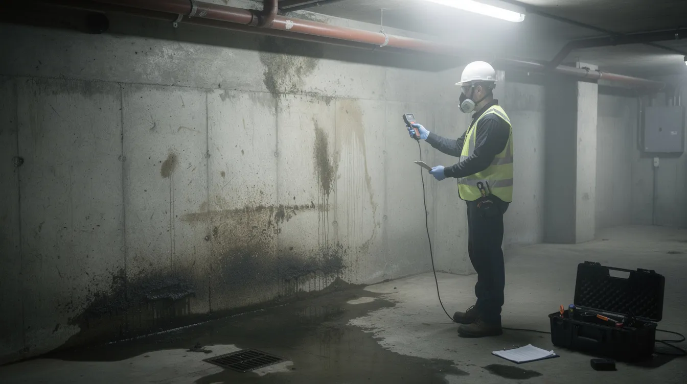 A technician in protective gear is inspecting a damp basement wall, looking for signs of mold growth and assessing the moisture levels. The scene highlights the importance of mold remediation services to ensure indoor air quality and prevent mold infestation.