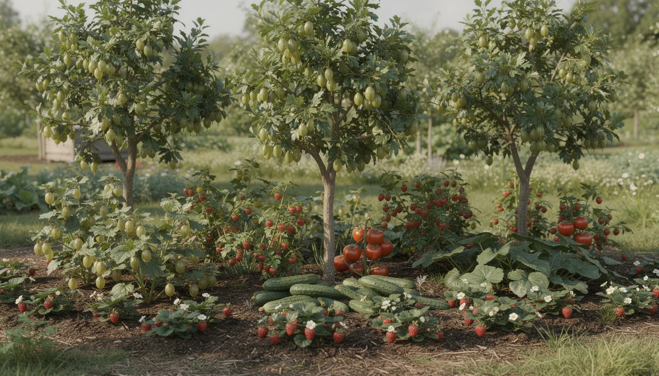 The image depicts three fruit trees, including an apple tree and a cherry tree, surrounded by a variety of ground cover plants such as gooseberries, raspberries, tomatoes, cucumbers, and strawberries, forming a vibrant urban food forest. This diverse plant guild not only enhances food production but also supports beneficial insects and wildlife habitat. The image depicts three fruit trees, including an apple tree and a cherry tree, surrounded by a variety of ground cover plants such as gooseberries, raspberries, tomatoes, cucumbers, and strawberries, forming a vibrant urban food forest. This diverse plant guild not only enhances food production but also supports beneficial insects and wildlife habitat.