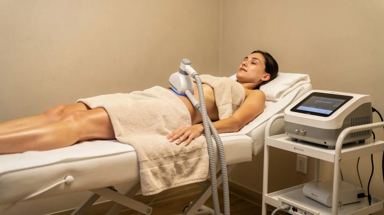 The image shows a person comfortably relaxing during a non-invasive body treatment, with a device applicator placed on their midsection to target stubborn fat pockets. This procedure aims to destroy fat cells without the need for surgical intervention, offering a less invasive alternative to traditional liposuction.