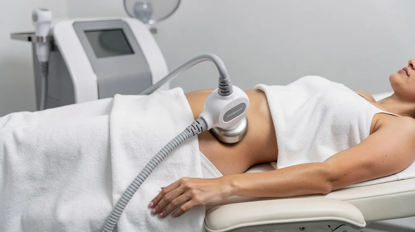 A non-invasive fat freezing applicator is positioned on the lower abdomen of a patient comfortably lying on a treatment table, illustrating a body contouring procedure aimed at reducing stubborn fat pockets. This method utilizes cold temperatures to destroy fat cells without the need for surgical body contouring, promoting a healthier lifestyle with minimal recovery time.