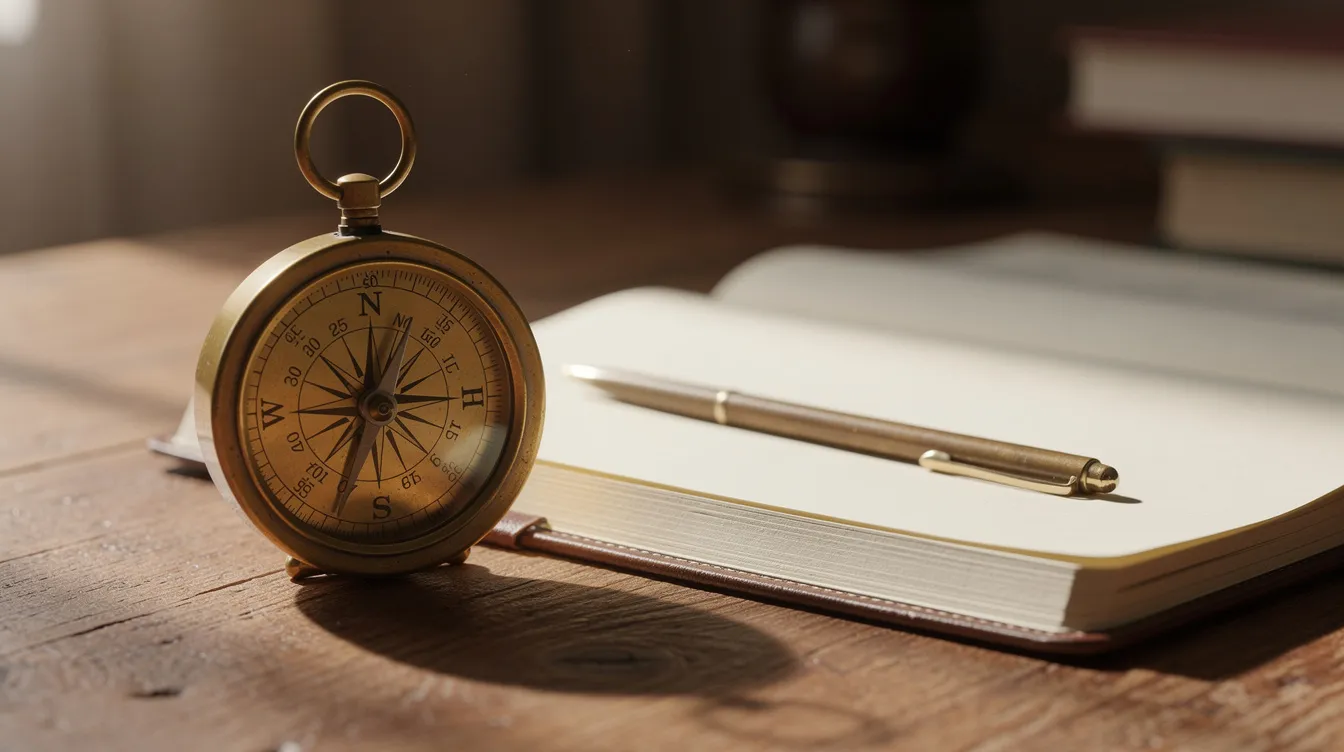 Une boussole est posée sur un bureau en bois, à côté d'un carnet ouvert, symbolisant l'orientation et l'introspection nécessaires pour mieux se connaître et prendre des décisions éclairées dans sa vie personnelle et professionnelle. Cette image évoque le développement personnel et la réflexion sur ses valeurs et ses choix.