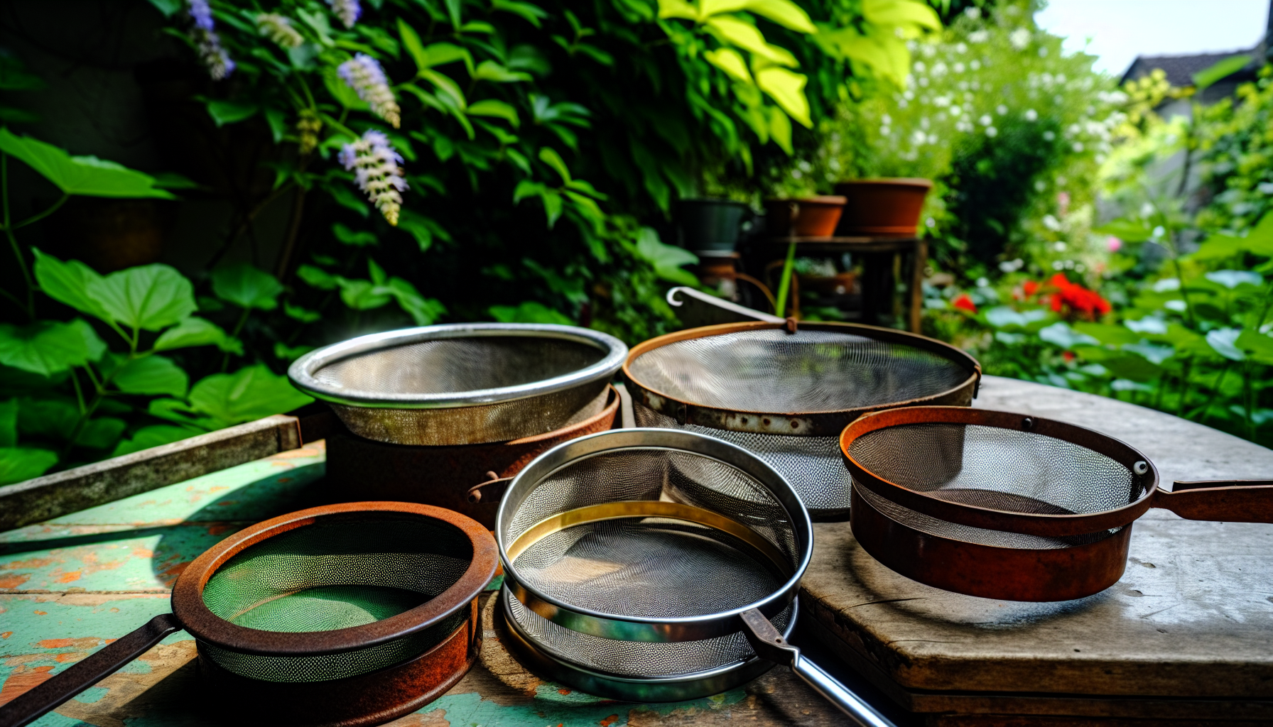 Various garden sieves displayed on a table