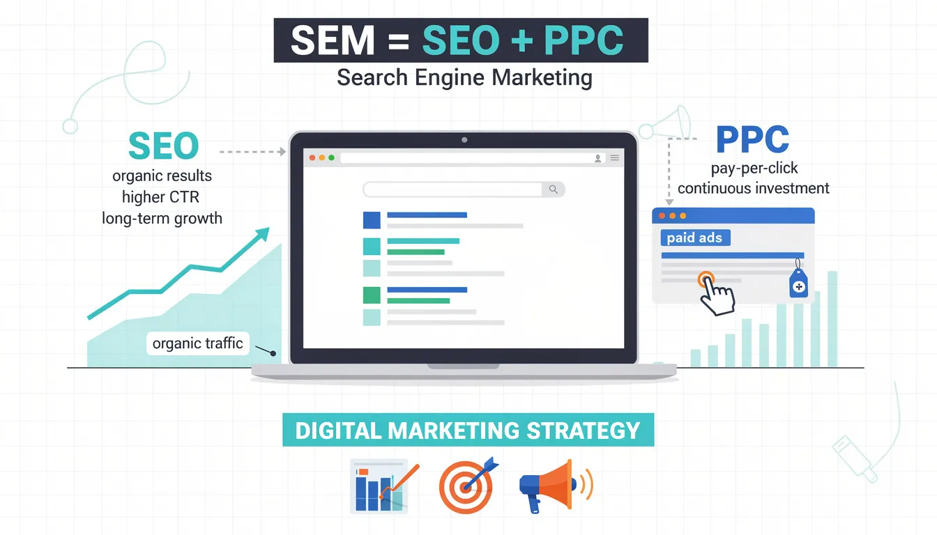 The image depicts a digital marketing strategy diagram illustrating the relationship between SEO (search engine optimization) and PPC (pay-per-click) within SEM (search engine marketing). It highlights how both SEO and PPC work together to improve search engine rankings and drive organic search traffic, emphasizing the importance of keyword research and content quality for effective digital marketing.
