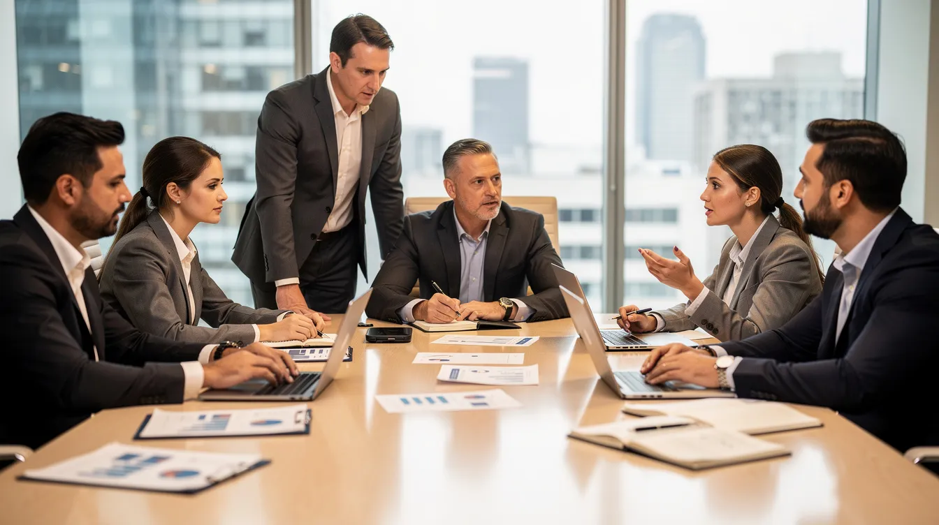 A diverse group of business professionals is collaborating around a conference table, equipped with laptops and notebooks, as they engage in discussions about business strategy and project management. This scene highlights teamwork in business consulting, where experts share insights to tackle business challenges and drive operational efficiency.
