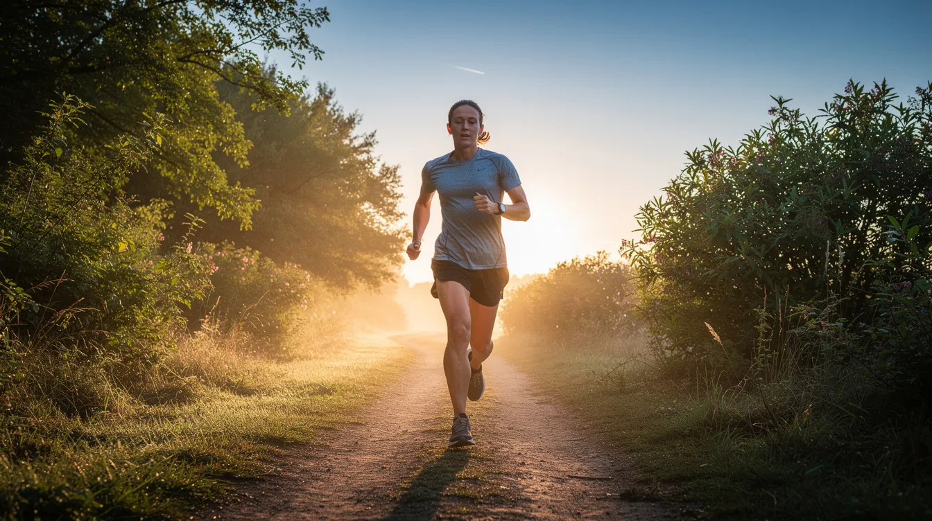 A person is seen running on a scenic trail in the early morning sun, dressed in athletic gear that supports their weight loss journey. This energetic scene captures the essence of fat burning and promotes an active lifestyle, emphasizing the importance of exercise in achieving a healthy body composition.