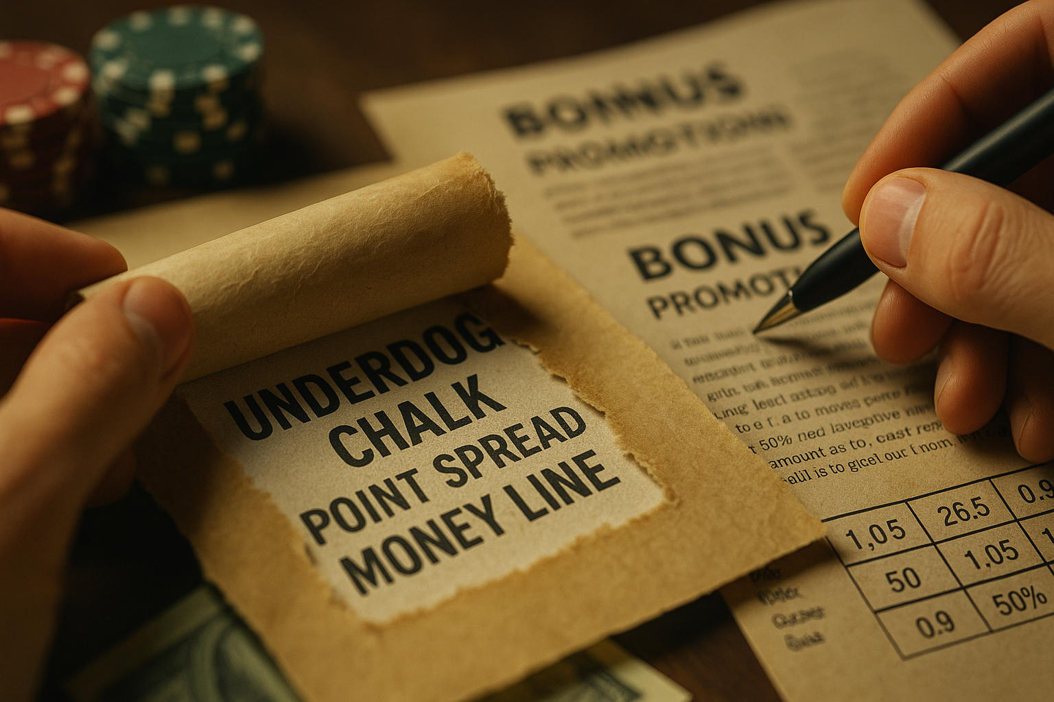 A semi-realistic digital illustration shows a gambler uncovering hidden betting terms on aged paper, surrounded by poker chips, promotional documents, and betting odds, symbolizing smart analysis and scam detection.