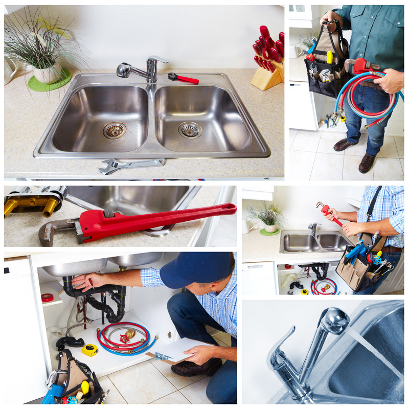 Collage von Installationsarbeiten: Küchenspüle, Werkzeugauswahl, Handwerker bei der Arbeit.