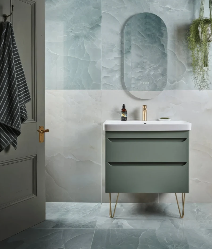 Portare Illusion Whisper Onyx Porcelain Polished Lagoon bathroom tiles from Hyperion Tiles