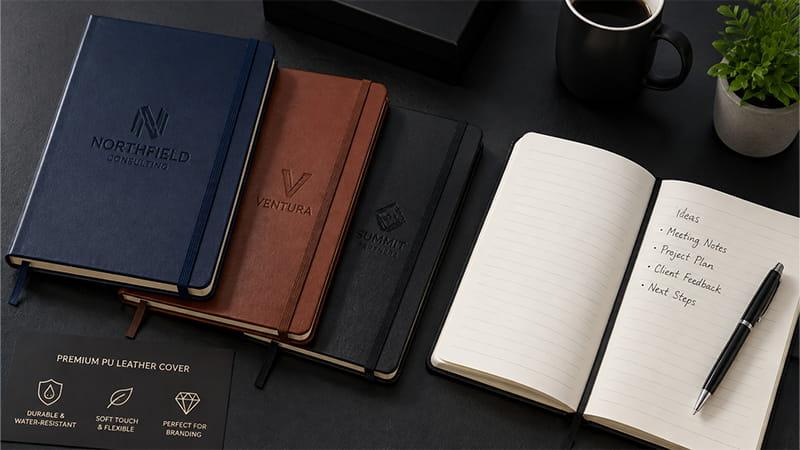 PU leather A5 notebooks with embossed logos and lined pages