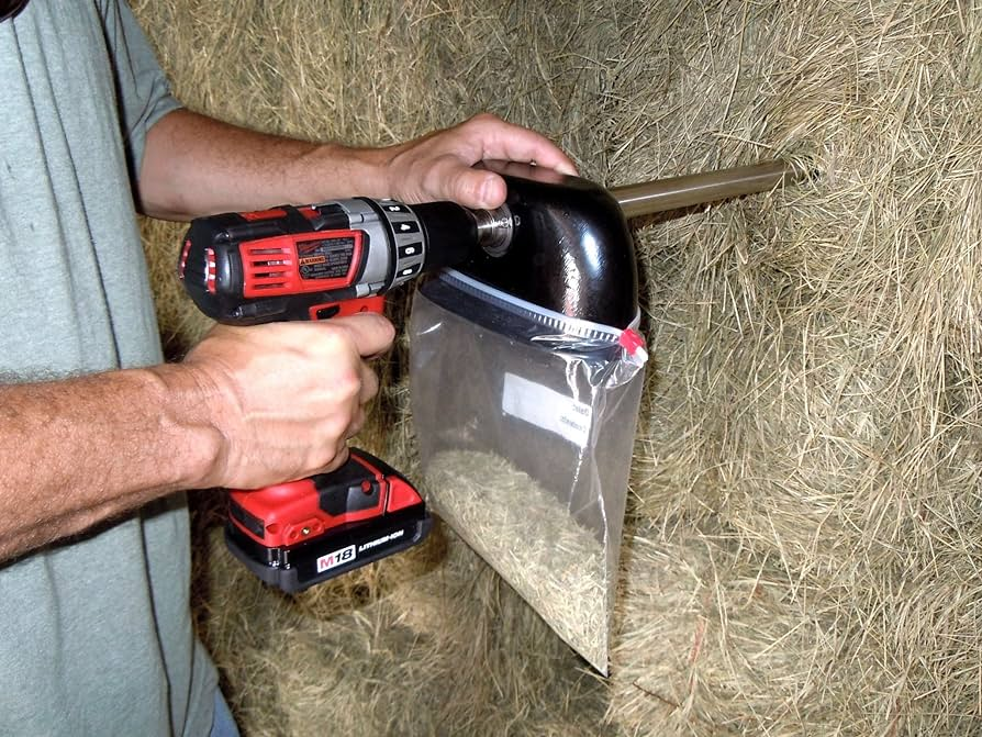 A hay probe being prepared for sampling