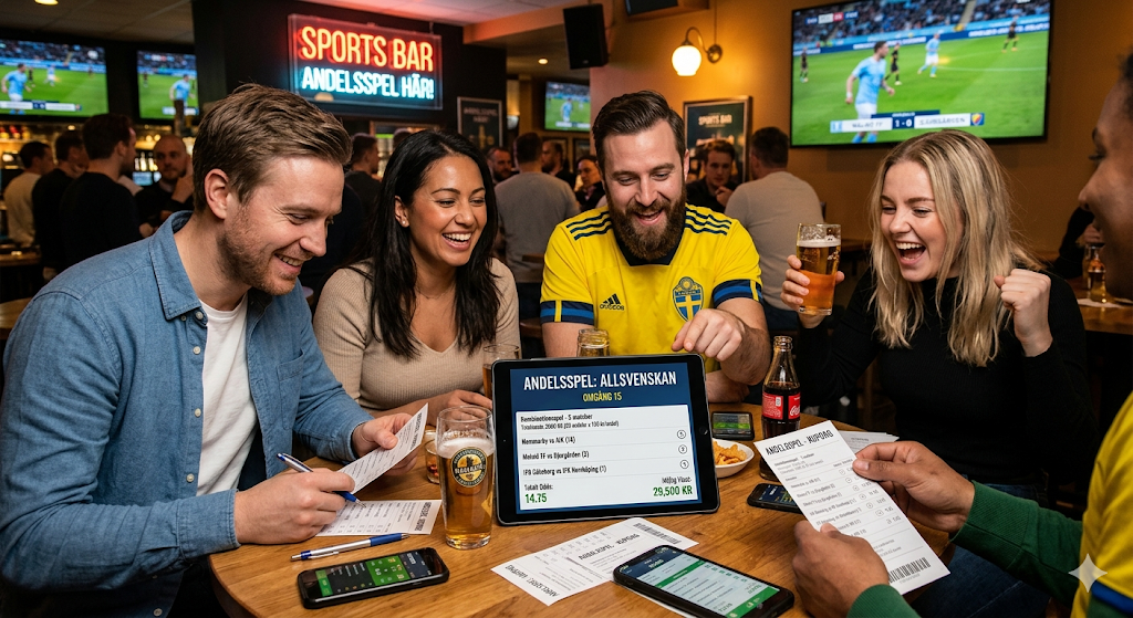 Personer på en sports bar spelar andelsspel på Allsvenskan via Svenska Spel Sport & Casino och Oddset. Fotboll visas på tv-skärmar medan spelare följer odds och kuponger tillsammans, 18 år gäller och stöd finns via Spelkoll.