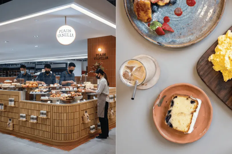 A split image showcasing Plain Vanilla cafe. The left side shows staff working behind a beautifully tiled wooden counter filled with fresh pastries and cakes. The right side features a top-down view of a cafe meal, including iced coffee, a slice of blueberry pound cake, scrambled eggs, and berry-topped french toast.