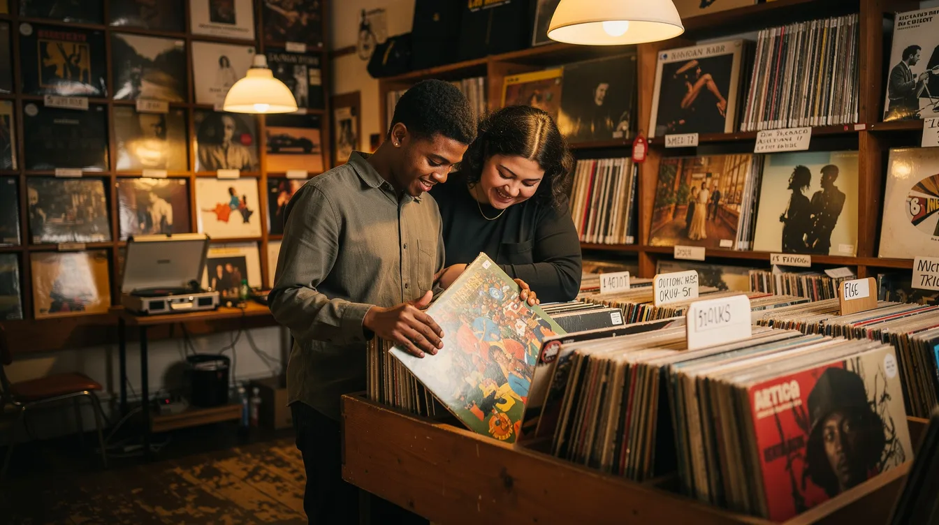 A cozy record shop scene shows two people browsing through vinyl records, sharing smiles and laughter, making it a perfect setting for fun first date ideas. The warm atmosphere encourages meaningful conversation as they explore music together.