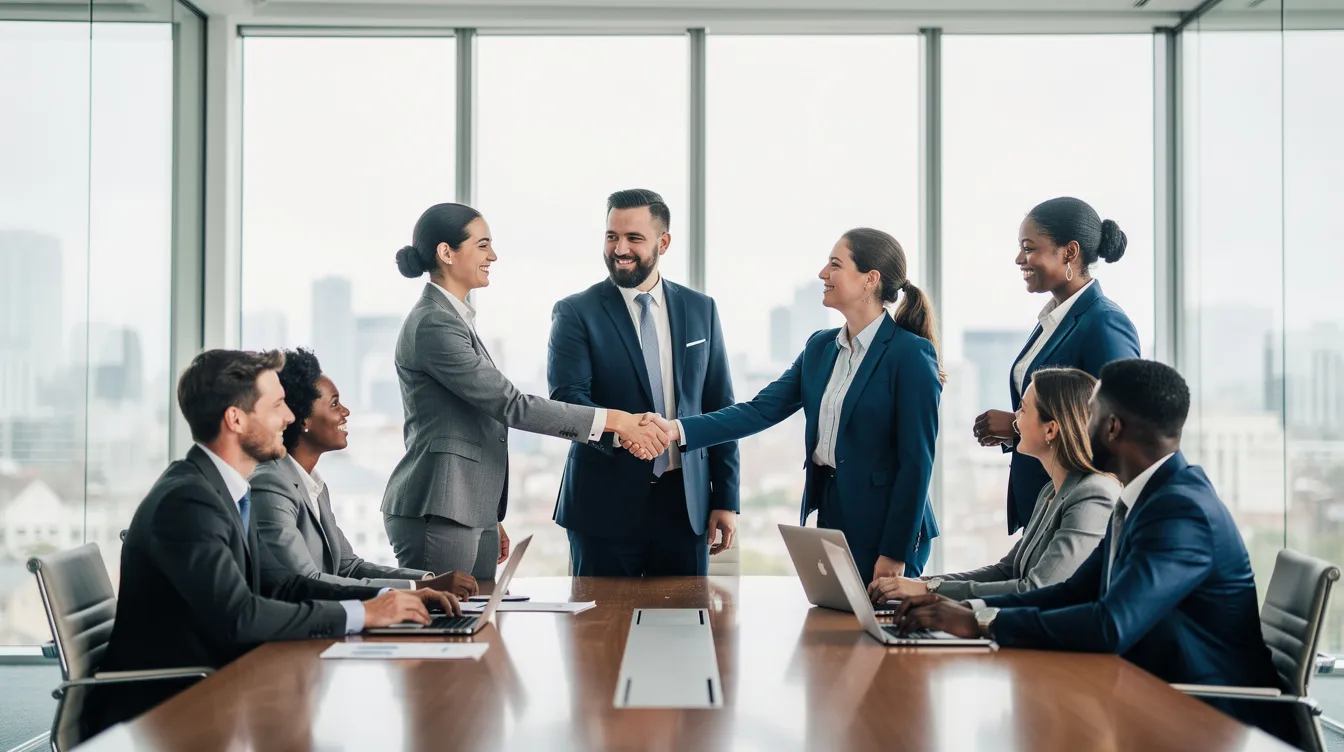 The image depicts a diverse group of business professionals in an office setting, engaging in a handshake to signify a successful partnership or agreement. This scene illustrates the importance of collaboration in the sales process, highlighting the roles of sales representatives and business development representatives in acquiring new customers and enhancing customer relationships.