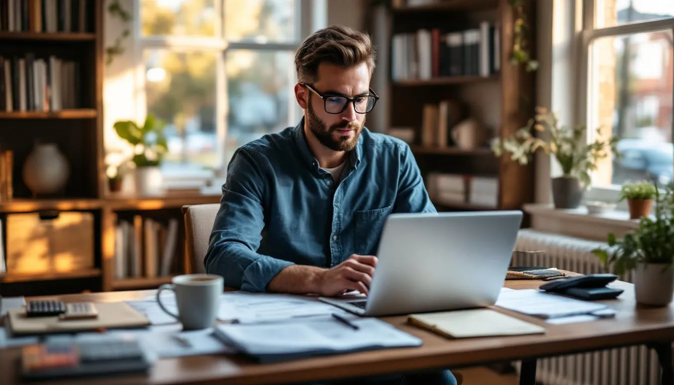 A small business owner sits at a desk, surrounded by paperwork and a laptop, researching a company the offers home equity lines of credit, determing factors such as how to pay interest, caluclating the laon balance, additional fees, and whether it has a long or short draw period..