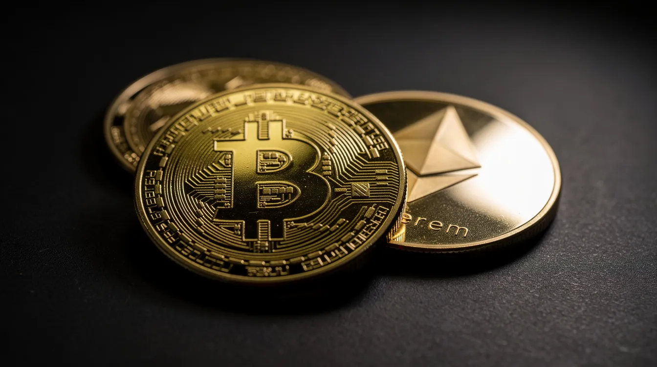 The image features a close-up view of shiny gold Bitcoin and Ethereum coins resting on a dark surface, illuminated by subtle lighting that highlights their intricate designs. This representation of cryptocurrency reflects the growing trend of online betting, with many betting sites now accepting digital currencies.